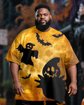 Big & Tall Men's Halloween Yellow Black Color Contrast Ghost Bat Pumpkin Print T-Shirt Trousers Suit